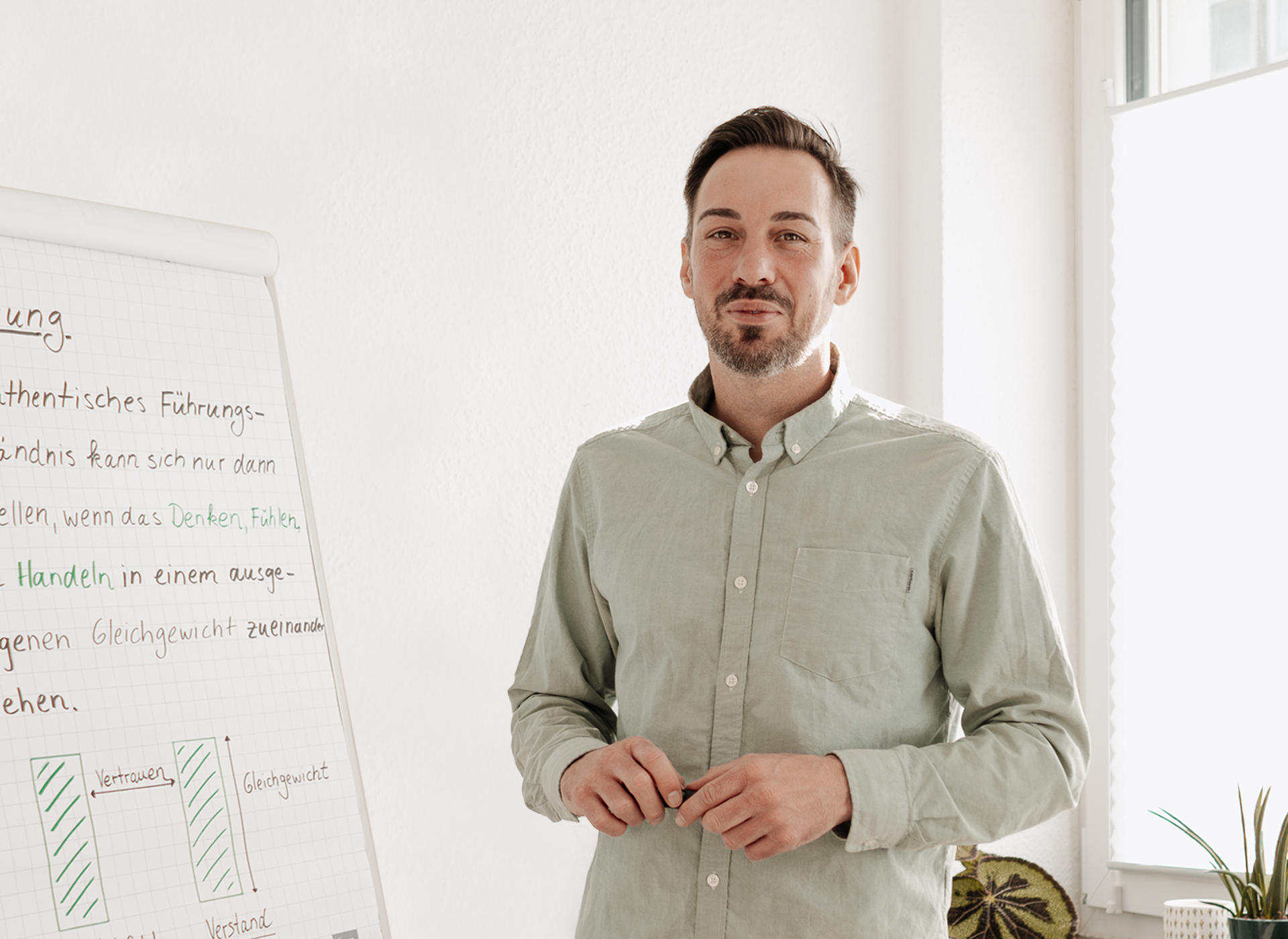 Impulsgebende Seminare und Coaching Coach Ben präsentiert Inhalte am Flipchart und schaut dabei freundlich in die Kamera – Workshop oder Seminarvermittlung